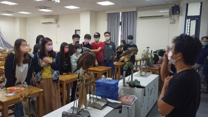 圖：柯蒙馴鷹工作室當天課程上帶來了九隻猛禽，讓台東大學生命科學系的學子們大開眼界。（民眾提供）
